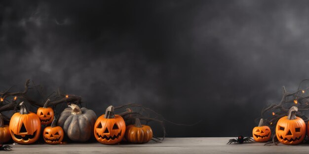 Abóbora de fundo escuro de Halloween com velas fumaça e morcegos em fundo preto Grande símbolo assustador de helloween espaço vazio para texto