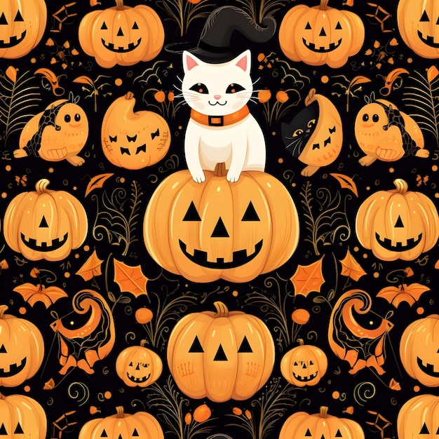 abóbora de fundo padrão de Halloween com um gato e uma abóbora no topo