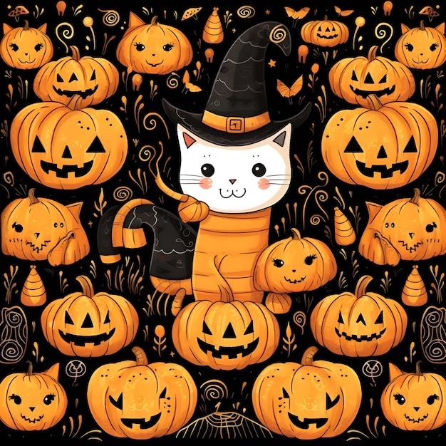 abóbora de fundo padrão de Halloween com um gato e uma abóbora no topo