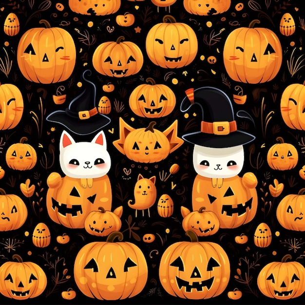 abóbora de fundo padrão de Halloween com um gato e uma abóbora no topo