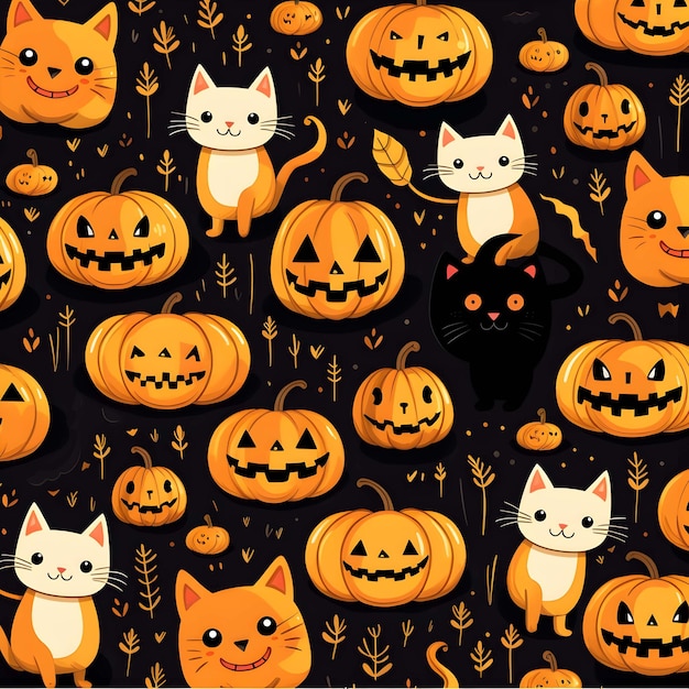 abóbora de fundo padrão de Halloween com um gato e uma abóbora no topo