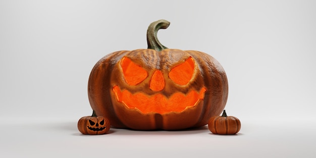 Abóbora de halloween closeup realista com fundo branco em 3d renderização 3d ilustração do conceito de halloween