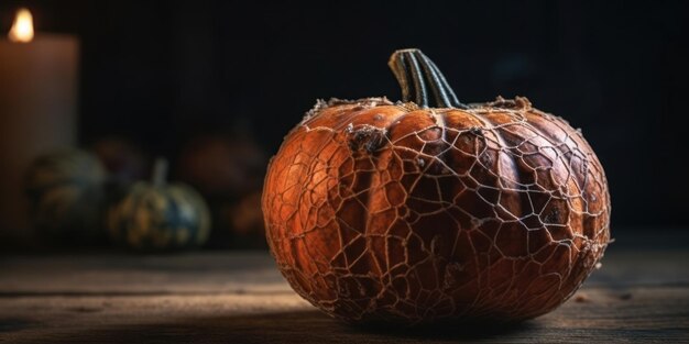 Abóbora de Halloween coberta de teias de aranha