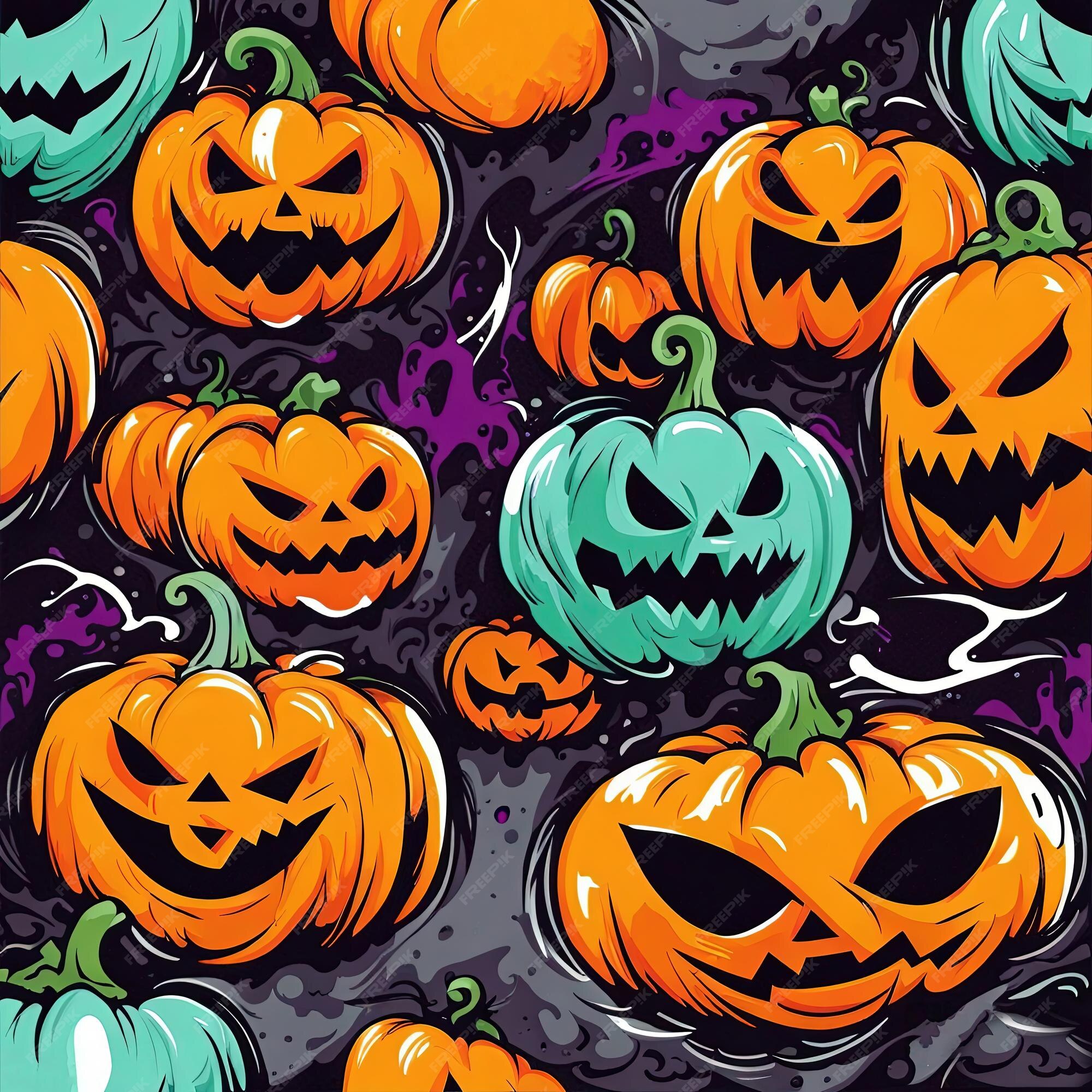 Abóbora de halloween com cara assustadora e salpicos coloridos