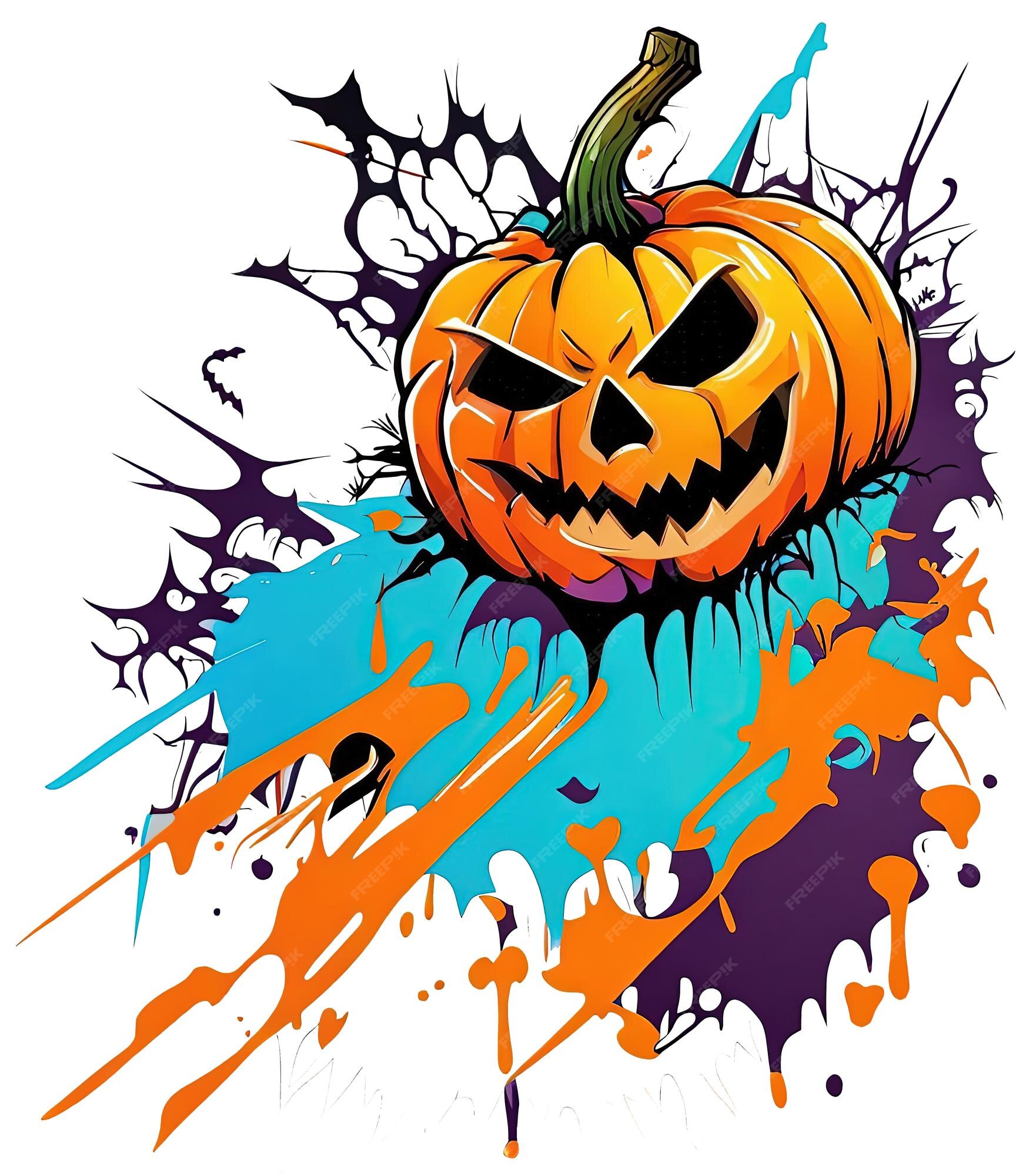 Abóbora de halloween com cara assustadora e salpicos coloridos