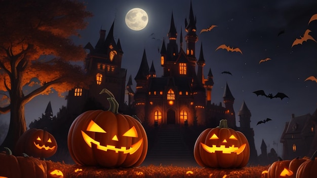 Abóbora de Halloween com castelo assombrado na noite escura