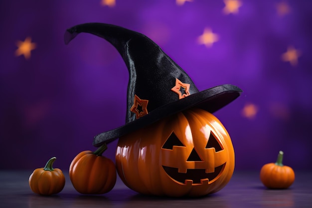 Abóbora de Halloween com chapéu de bruxa em fundo violeta
