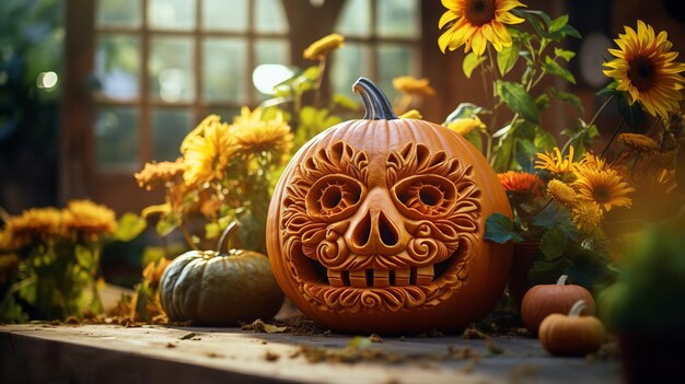 Abóbora de Halloween com flor Generative Ai