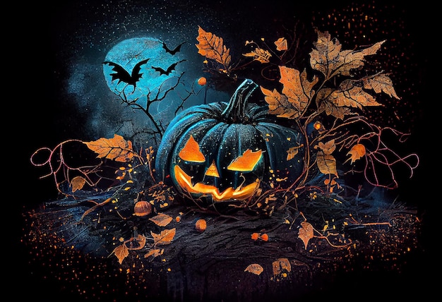 Abóbora de Halloween com folhas de outono no fundo do céu noturno com lua e morcegos Generative AI