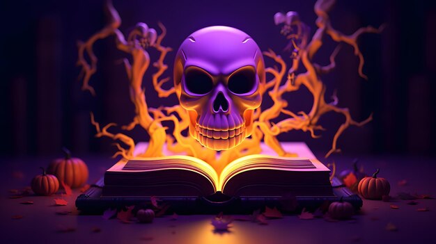 Foto abóbora de halloween com livro mágico em fundo roxo