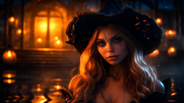 abóbora de Halloween com olhos negros linda mulher bruxa