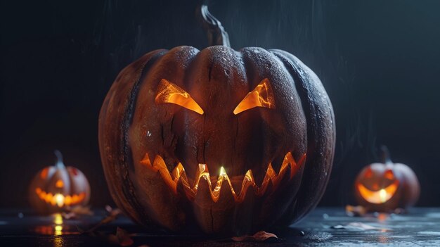 Foto abóbora de halloween com um rosto que diz halloween