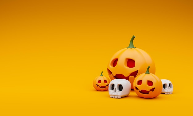 Abóbora de Halloween e caveira em fundo amarelo, ilustração 3D.