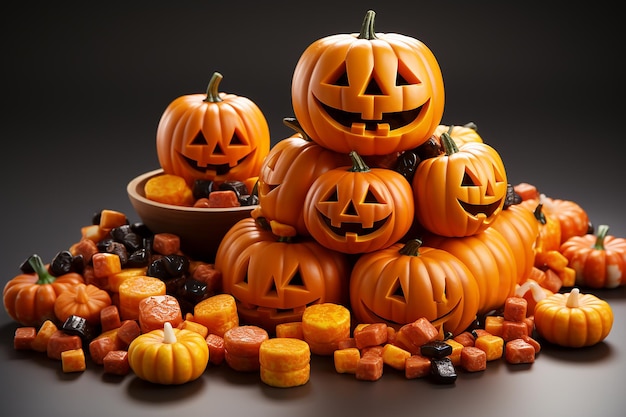 Abóbora de Halloween e doces variados espalhados