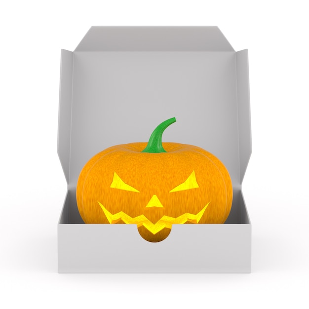 Abóbora de Halloween em caixa de presente em fundo branco. Ilustração 3D isolada