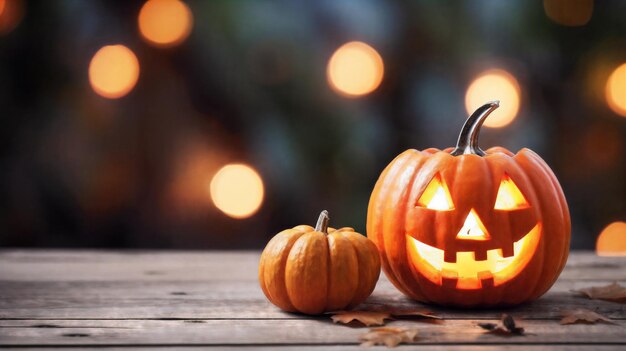 Abóbora de Halloween em mesa de madeira no fundo do parque de outono IA gerativa