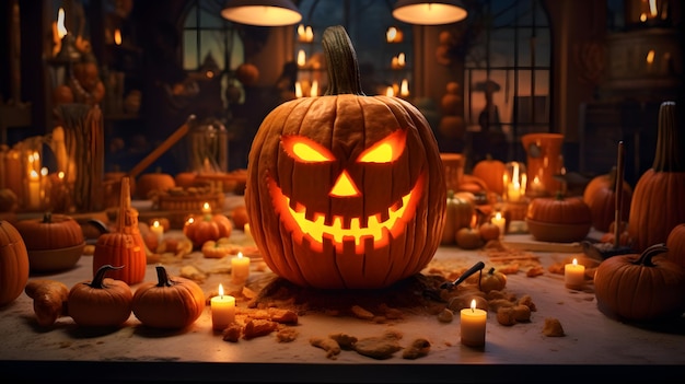 abóbora de halloween em uma mesa com iluminação