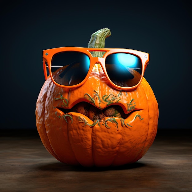 Abóbora de Halloween extravagante com óculos de sol e um chapéu Ilustração 3D bonita de personagem mágico para a celebração do Halloween Abóbora em um fundo escuro geração de IA