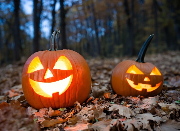 Abóbora de Halloween na floresta profunda escura na noite de Halloween