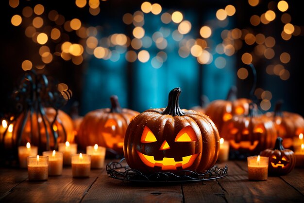 abóbora de halloween na mesa de madeira com velas na noite escura