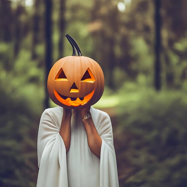 Abóbora de Halloween nas mãos da mulher no fundo da floresta