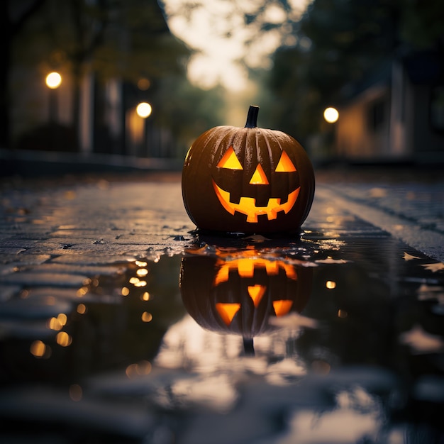 Foto abóbora de halloween no asfalto iluminada por uma vela e refletida em uma poça