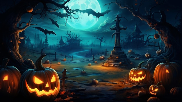 Abóbora de Halloween numa floresta mística à noite.