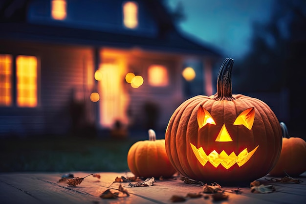 Abóbora de Halloween perto de casa à noite Generative AI
