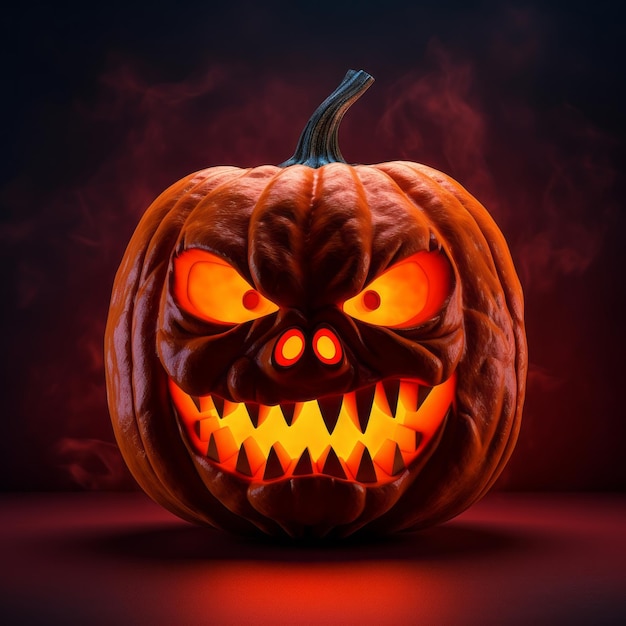 Abóbora de Halloween sombriamente cômica sorri em um pano de fundo vermelho Generative AI