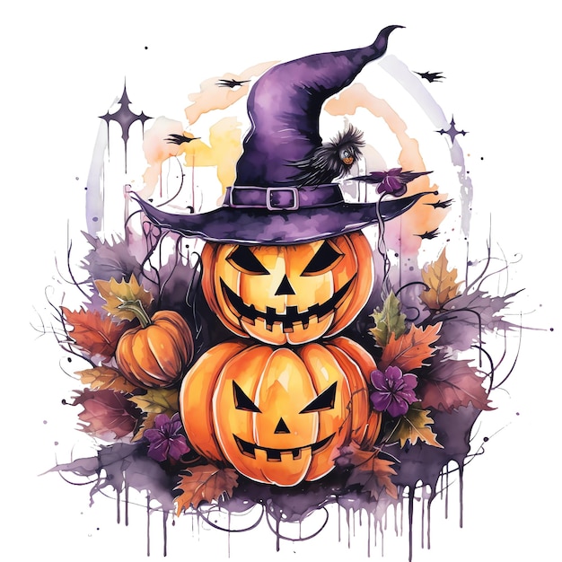 Abóbora do mal de Halloween com ilustração em aquarela de chapéu clipart de halloween
