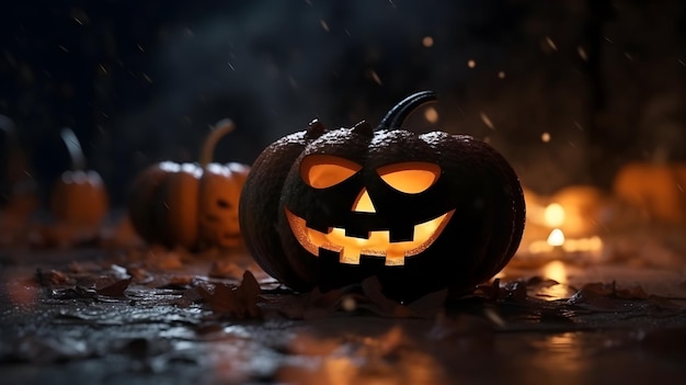 Abóbora e aranha de esqueleto de morcegos de Halloween em humor assustador escuro com neblina em iluminação dramática