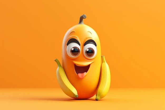 Abóbora engraçada com desenho de personagem de banana na ilustração 3d de fundo laranja