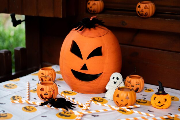 Foto abóbora engraçada de halloween em uma mesa decorada eventos de halloween mini abóboras de halloween