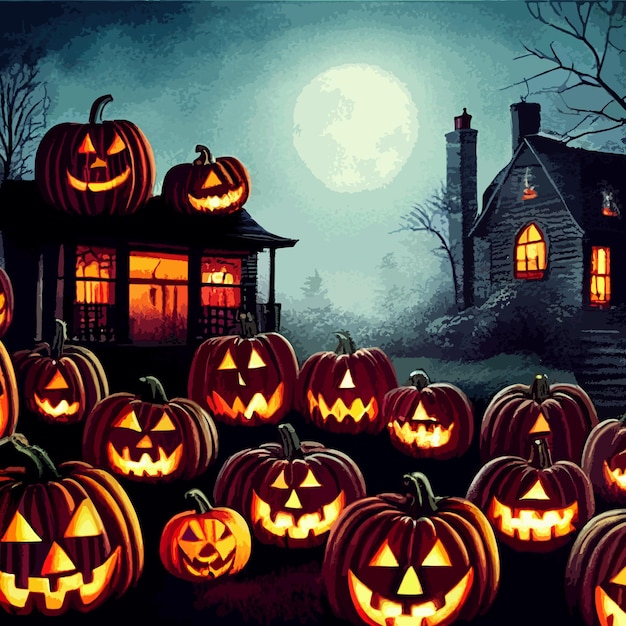 Abóbora épica de halloween mal na floresta na ilustração de noite de halloween abóbora de halloween