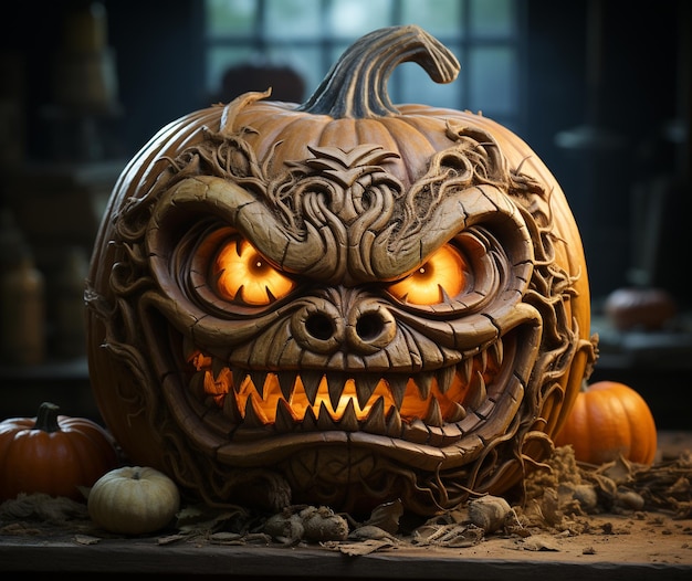 Abóbora esculpida na forma do rosto de um monstro no dia de Halloween.