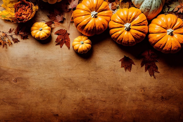 Abóbora feliz e folha de outono em uma mesa de madeira