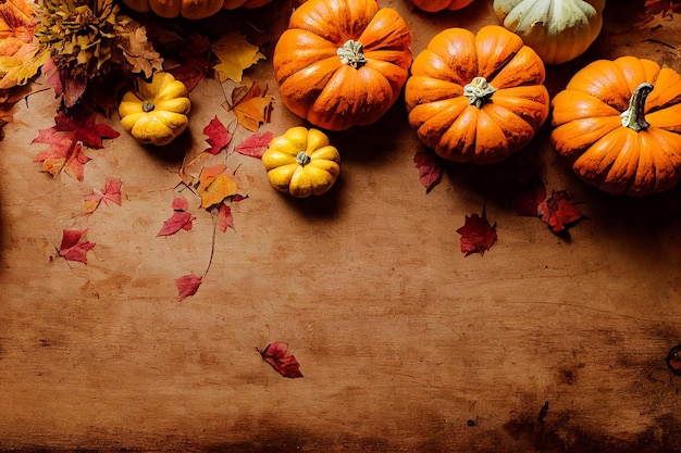 Abóbora feliz e folha de outono em uma mesa de madeira