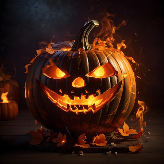 Abóbora festiva de Halloween com rosto iluminado e vibrações de outono
