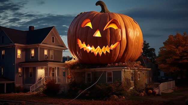 Foto abóbora gigante de halloween colocada no telhado de uma casa à noite