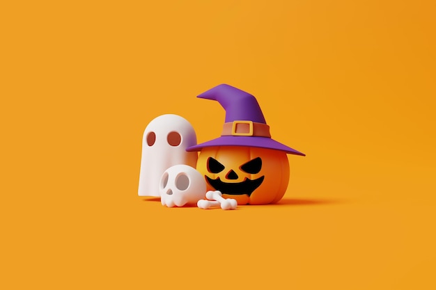 Abóbora Jack o Lantern usando chapéu de bruxa com osso de crânio e fantasma em fundo laranja renderização 3D