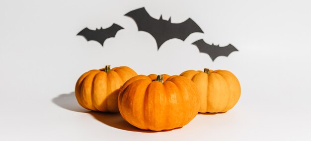 Abóbora laranja madura fresca em fundo branco. espaço com morcegos conceito de halloween