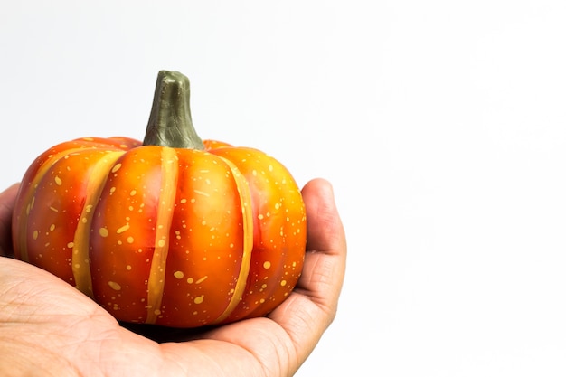 Abóbora laranja nas mãos estão segurando.