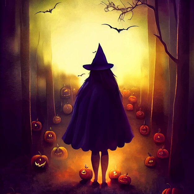 Abóbora maligna de halloween e bruxa na floresta na noite de halloween, ilustração de halloween