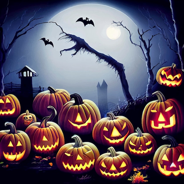 Abóbora maligna de halloween na floresta na ilustração da noite de halloween abóbora de halloween halloween
