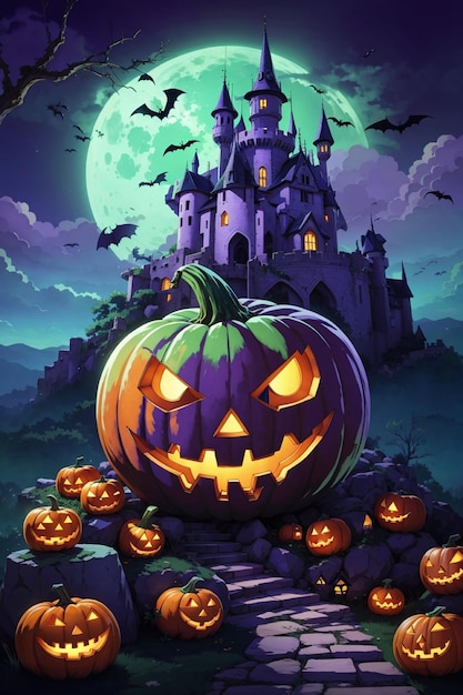 Abóbora mística do castelo de Halloween em fundo verde e roxo