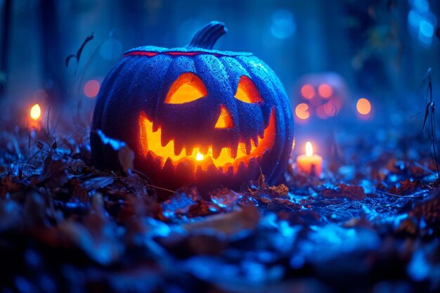 Abóbora noturna de Halloween na natureza com atmosfera escura de olhos ardentes