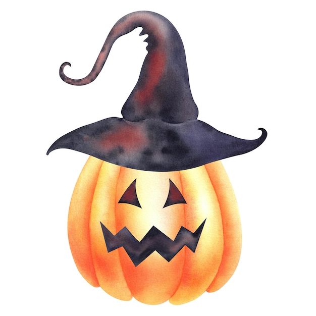 Abóbora para Halloween em um chapéu Ilustração em aquarela pintada à mão em fundo branco Modelo para imprimir cartões postais e convites Celebrações de Ação de Graças e Halloween