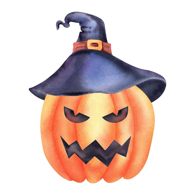 Abóbora para Halloween em um chapéu Ilustração em aquarela pintada à mão em fundo branco Modelo para imprimir cartões postais e convites Celebrações de Ação de Graças e Halloween