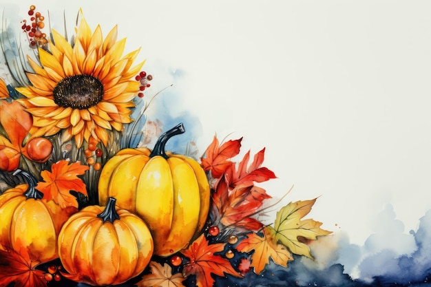 Abóboras aquarela, girassol e folhas de bordo em um fundo branco, vista lateral, Dia de Ação de Graças