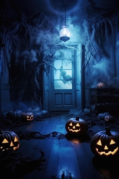 Abóboras assustadoras de fundo assustador de Halloween no quarto da casa fantasma de terror assustador